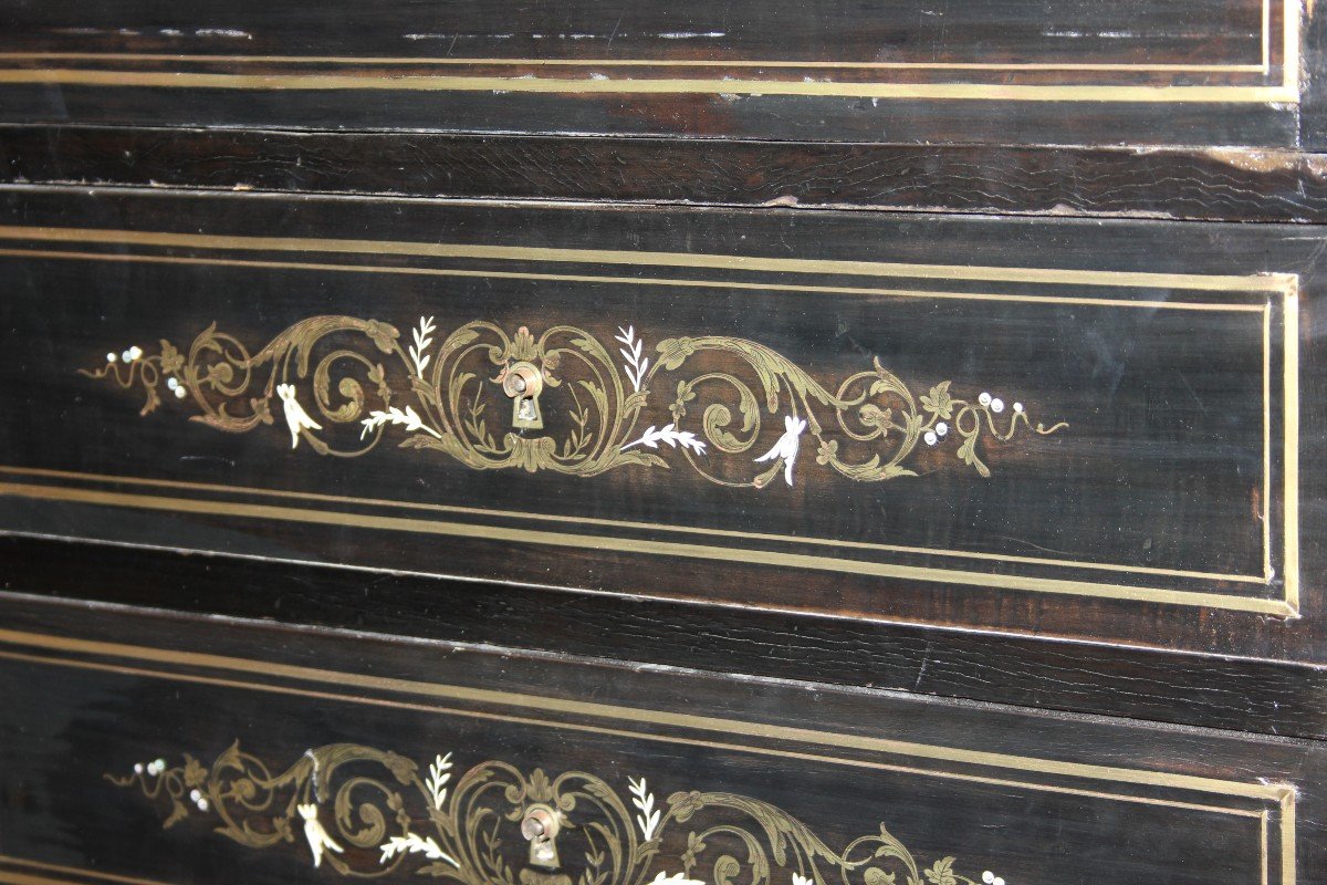 French Secretary From The Mid-1800s, Boulle Style, In Ebony Wood -photo-5