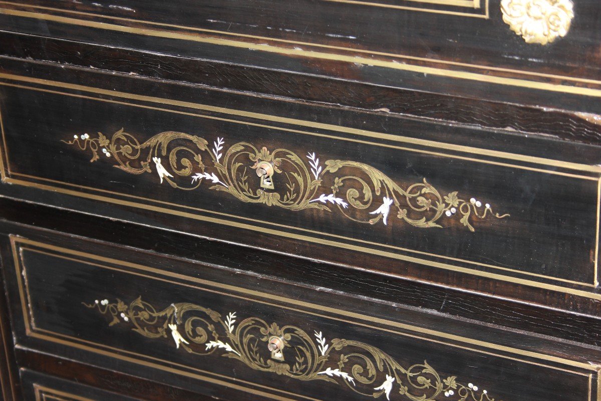 French Secretary From The Mid-1800s, Boulle Style, In Ebony Wood -photo-6