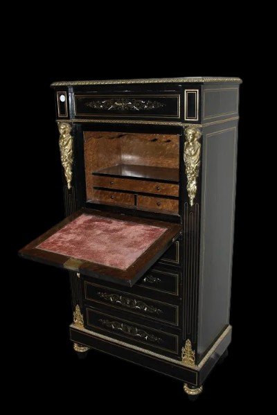 French Secretary From The Mid-1800s, Boulle Style, In Ebony Wood -photo-7