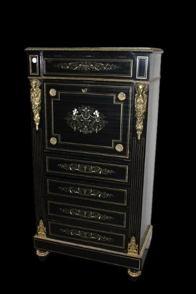 French Secretary From The Mid-1800s, Boulle Style, In Ebony Wood 