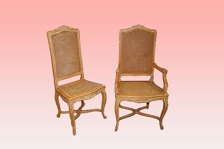 Set Of 6 French Chairs And 2 Armchairs From The Early 1900s, Provençal Style, In Cherry Wood