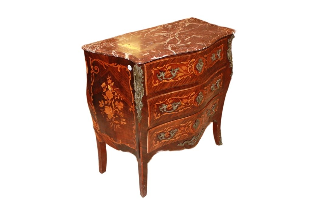 Petit Commode Française Louis XV – Bois De Violette, Incrustations Florales Et Marbre -photo-2