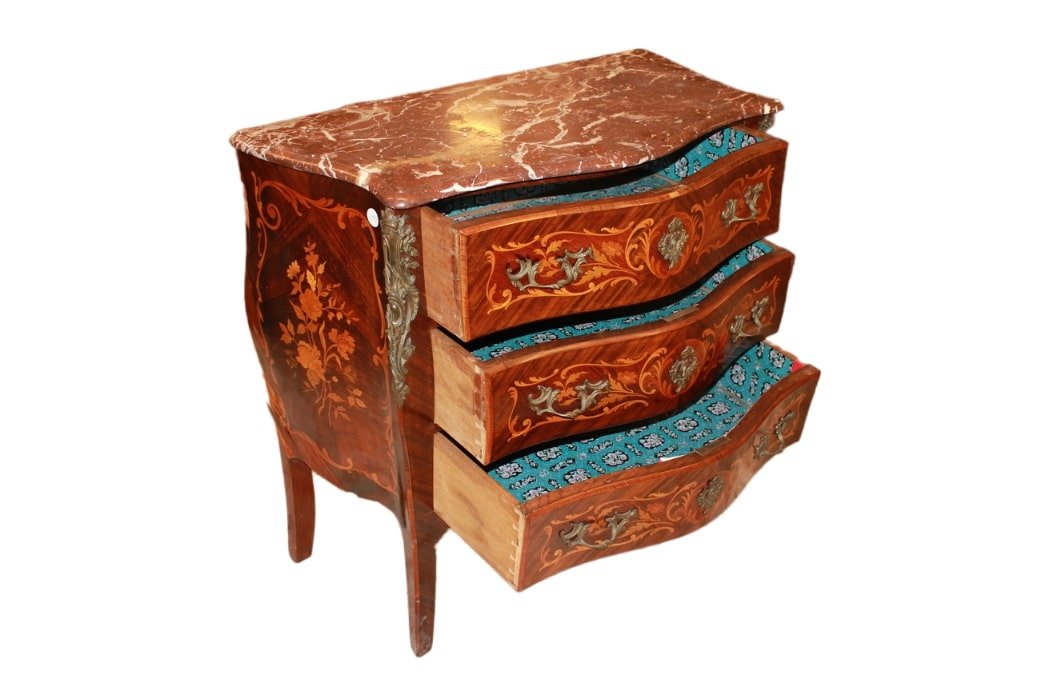 Petit Commode Française Louis XV – Bois De Violette, Incrustations Florales Et Marbre -photo-1