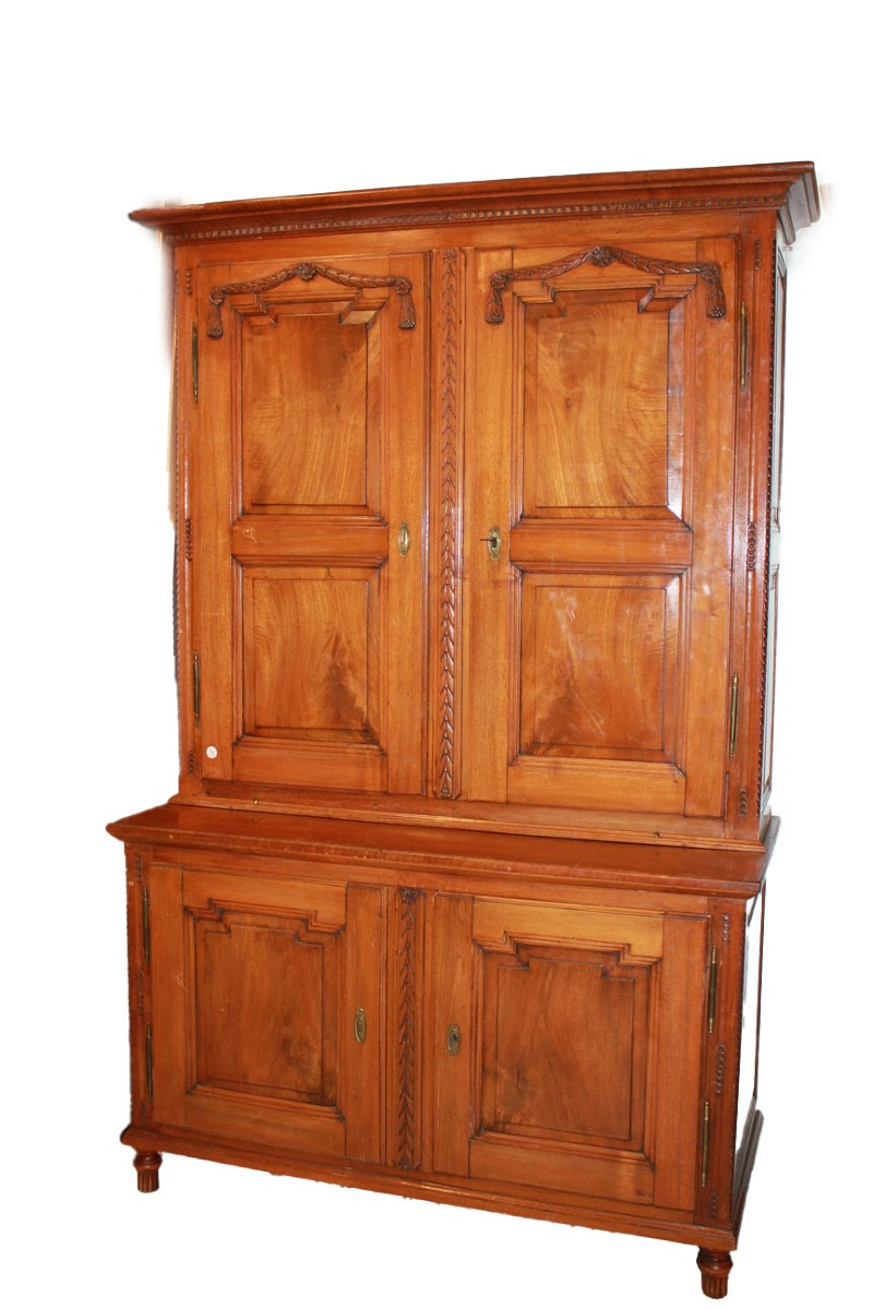 French Two-section Cherry Wood Sideboard – Early 19th Century, Paneled Doors & Carvings