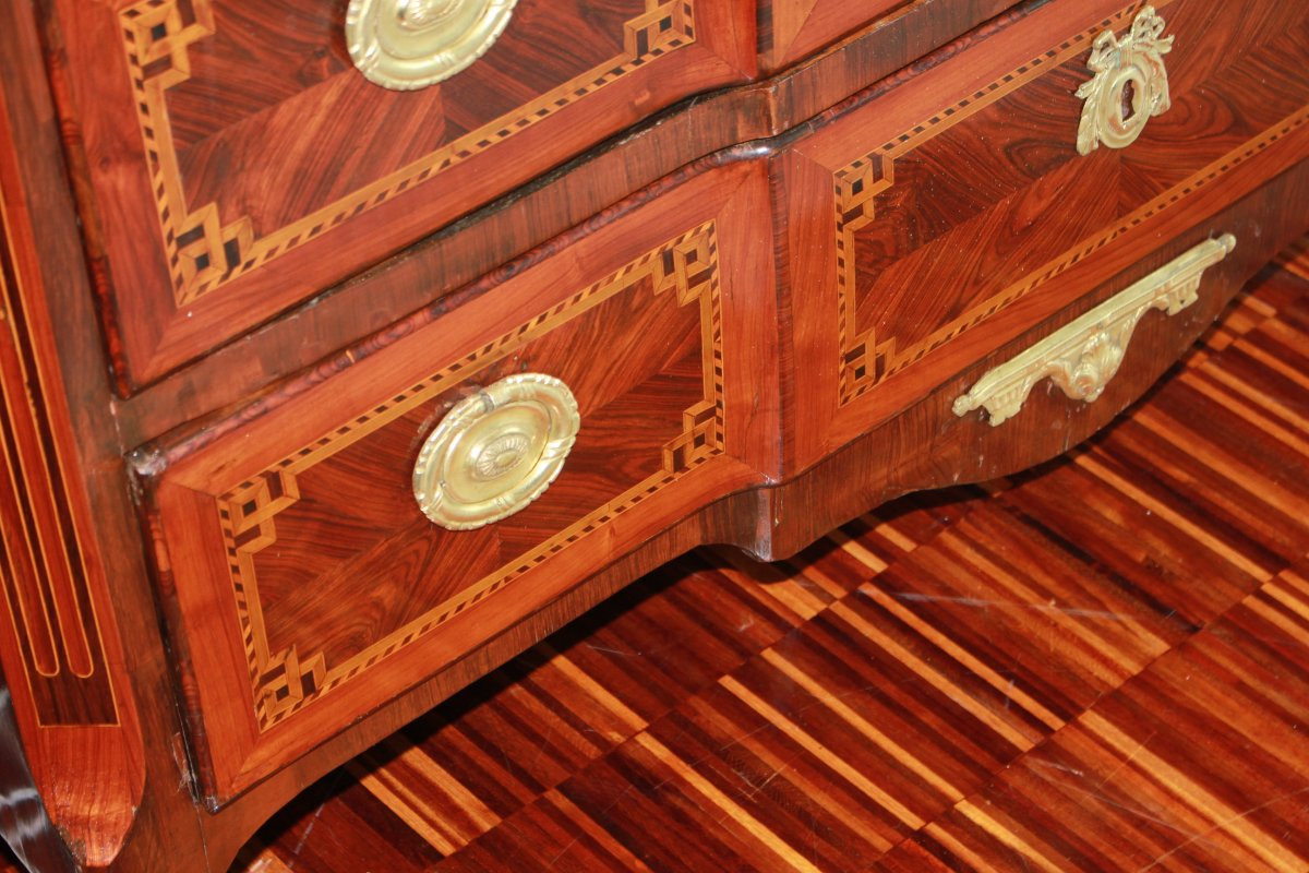 French Transitional Style Chest Of Drawers, Late 18th Century With Bronze And Marble-photo-1