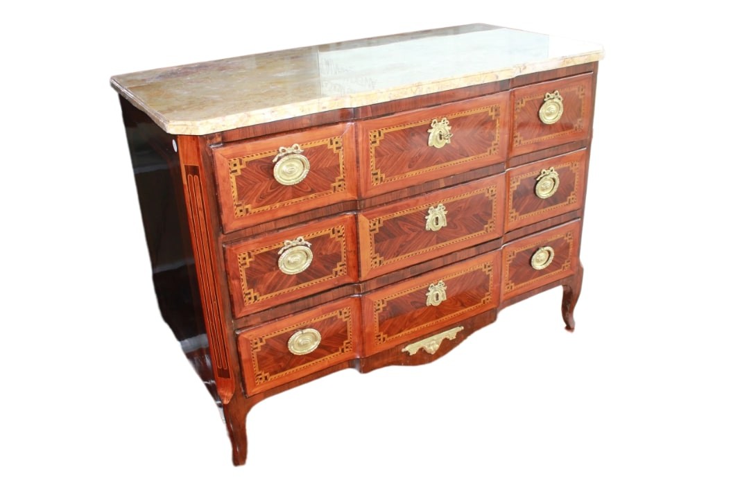 French Transitional Style Chest Of Drawers, Late 18th Century With Bronze And Marble