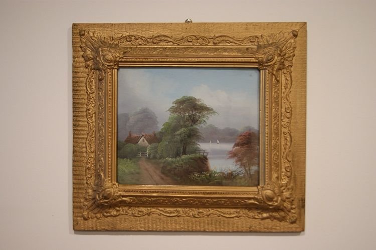 English Oils On Cardboard From The 1800s, Depicting Rural Landscapes With Country Lanes-photo-2