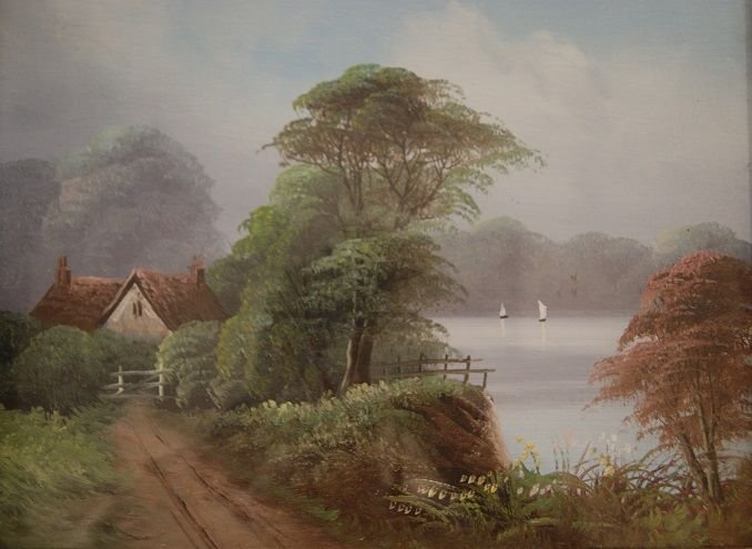 English Oils On Cardboard From The 1800s, Depicting Rural Landscapes With Country Lanes-photo-4