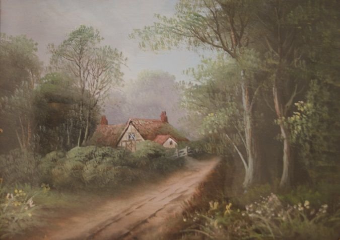 English Oils On Cardboard From The 1800s, Depicting Rural Landscapes With Country Lanes-photo-3