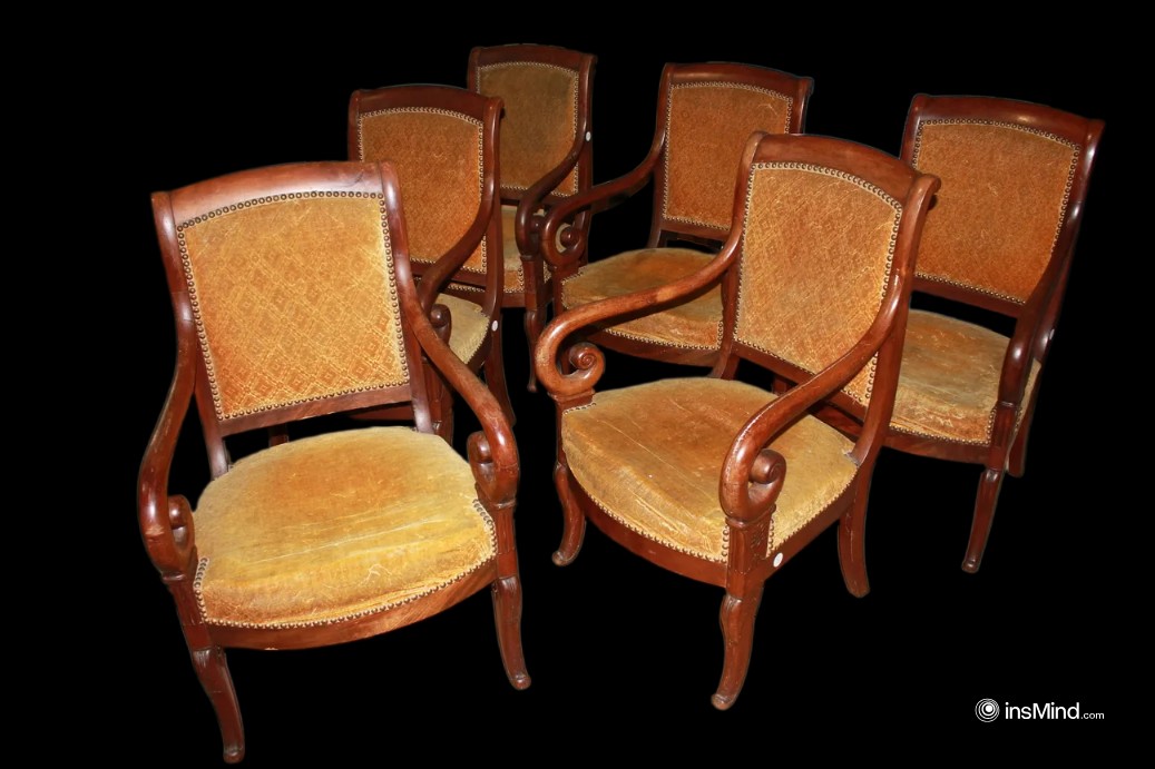 Set Of 6 French Armchairs In Directory Style, Mahogany Wood, 19th Century