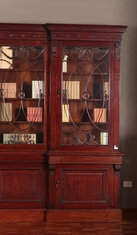 Antique Large English Bookcase From The 1800s Regency Style In Mahogany-photo-4