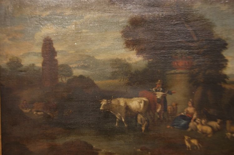 Huile Sur Toile Italien Des Annees 1700 Paysage Pastoral Avec Personnages Et Animaux-photo-2