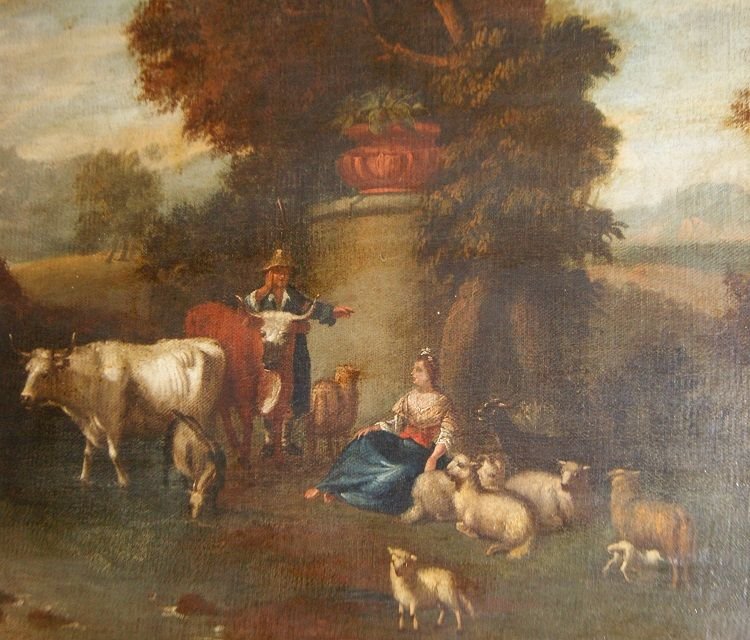 Huile Sur Toile Italien Des Annees 1700 Paysage Pastoral Avec Personnages Et Animaux-photo-3