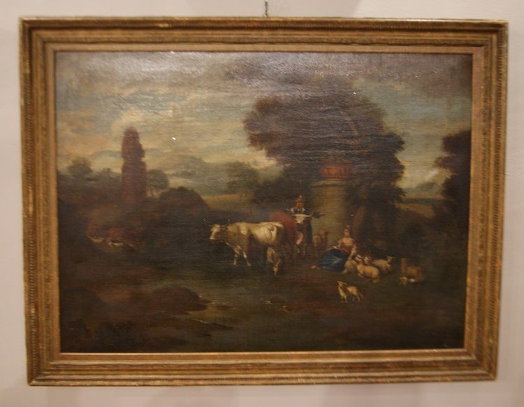 Huile Sur Toile Italien Des Annees 1700 Paysage Pastoral Avec Personnages Et Animaux