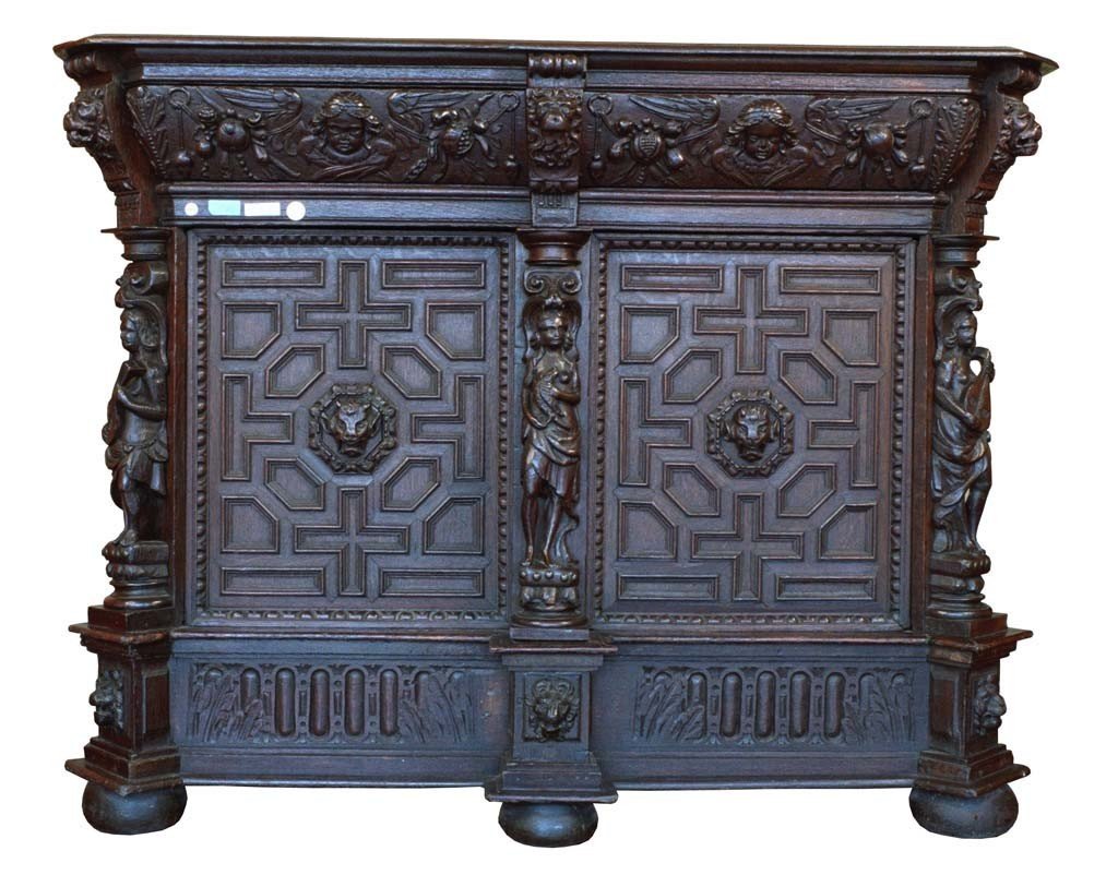 Oak Sideboard With Two Doors And A Drawer Under The Top. Entirely Carved And Sculpted With Bamb-photo-2