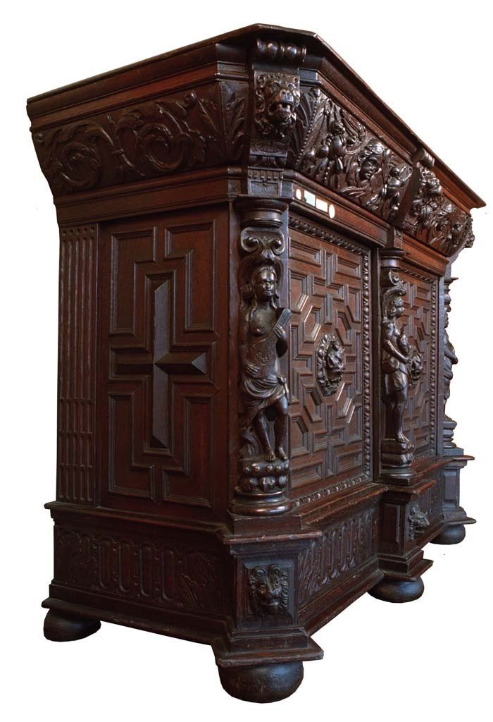 Oak Sideboard With Two Doors And A Drawer Under The Top. Entirely Carved And Sculpted With Bamb-photo-3