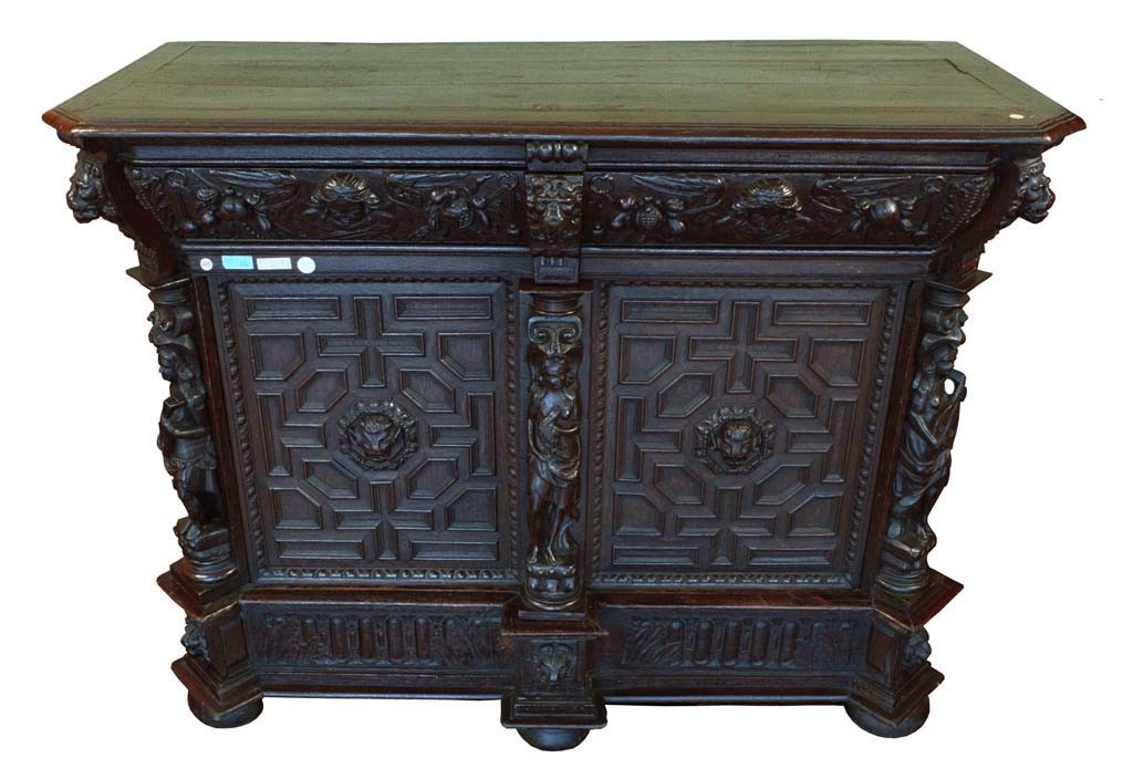 Oak Sideboard With Two Doors And A Drawer Under The Top. Entirely Carved And Sculpted With Bamb