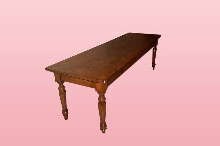 Large Rustic Rectangular Table, Italian From The 1800s, In Elm Wood With Turned Legs-photo-2