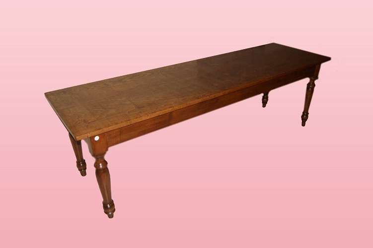 Large Rustic Rectangular Table, Italian From The 1800s, In Elm Wood With Turned Legs