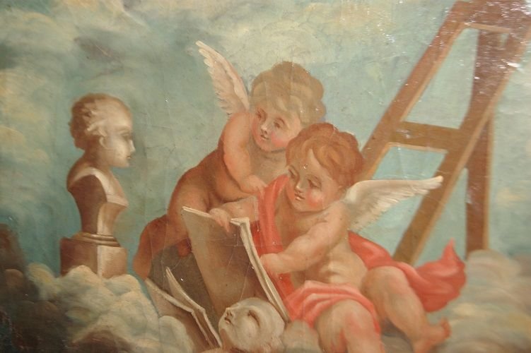 Italian Oil On Canvas From 1700 Depicting A Group Of "cherub Angels"-photo-2