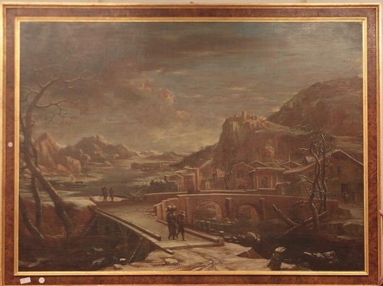 Large Oil On Canvas Northern Europe, 1600. Shows A View Of A City In The Middle Of Winte