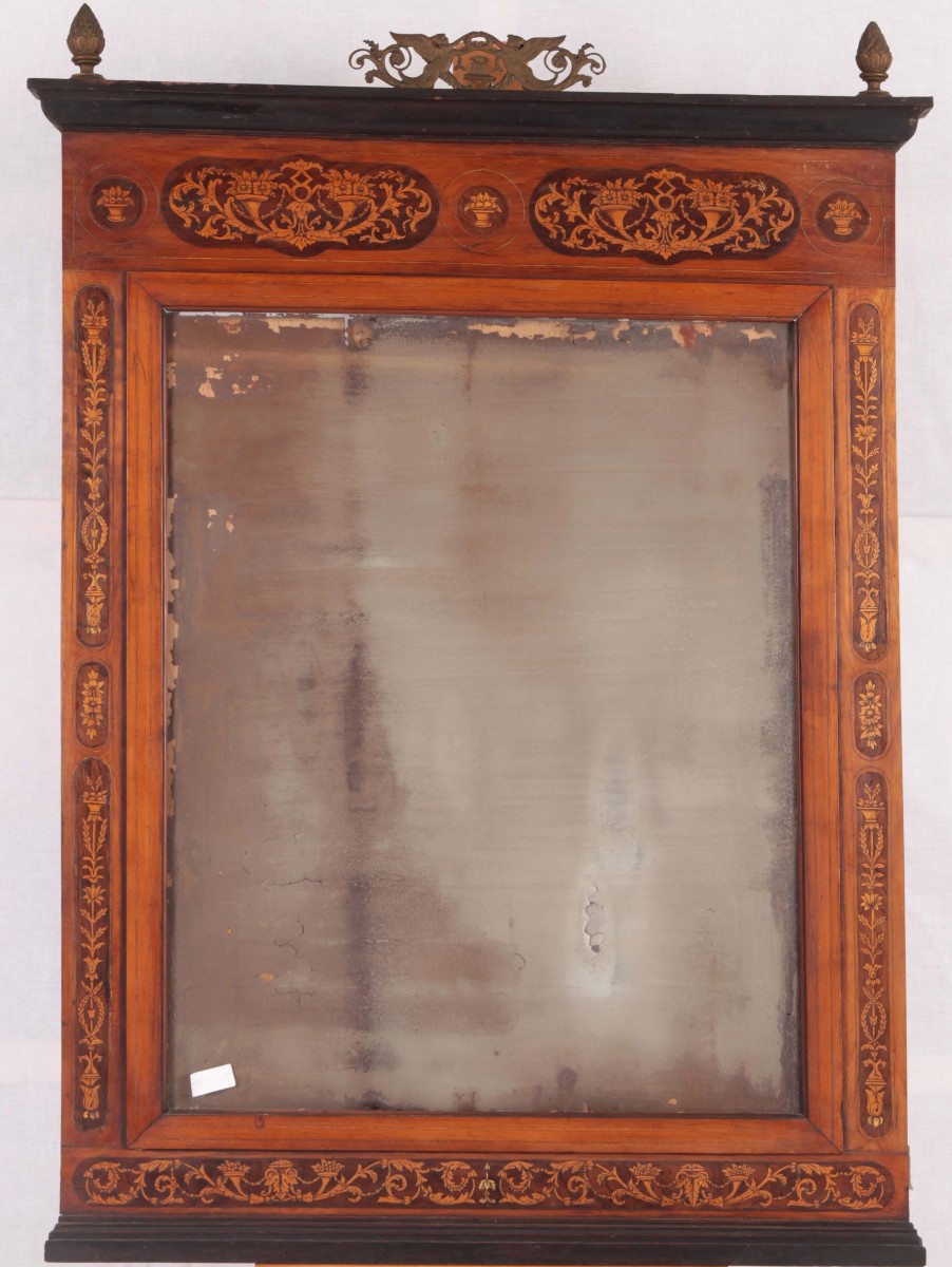 Rectangular Mirror In Cherry Wood With Charles X Style Inlays. On The Top It Is Enriched With A