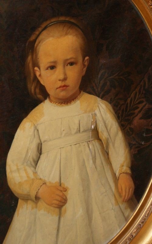 Oil On Oval Canvas With Beautiful French Frame From The 1800s Portrait Of A Young Girl-photo-2