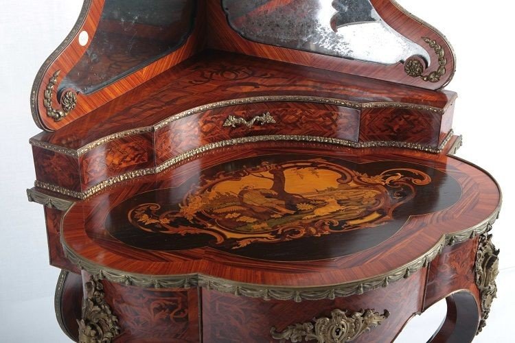 Spectacular Encoignure French Louis XV Style Corner Cabinet, Richly Inlaid Early 1800-photo-2