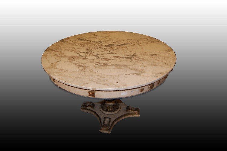 Italian Table From The Early 1900s In White Lacquer With Decors And Marble Top-photo-1