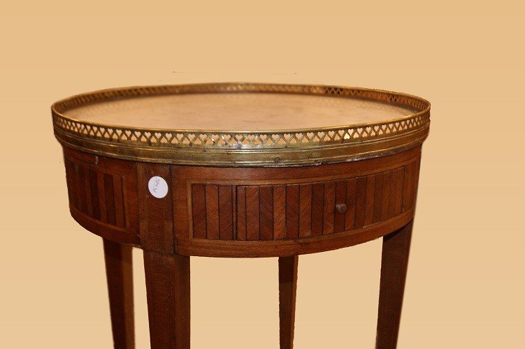 French Circular Table From 1800 Inlaid Louis XVI Style With Writing Desk Marble Top-photo-4
