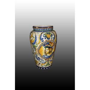 Italian Vase From The Early 1900s In Neo-renaissance Style Majolica With Rich Decorations