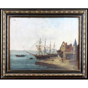 Painting Oil On Canvas Depicting A Marine View With Sailboats