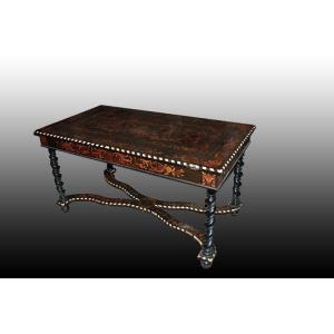 Antique Dutch Writing Table From The Early 1800s, Made Of Ebony With Ivory Inlays