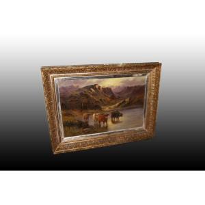 English Oil On Canvas From The 1800s Depicting A Landscape Of The Scottish Highlands With Highl