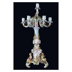 Spectacular Candelabra With 7 Porcelain Flames Decorated With Polychrome Floral Motifs