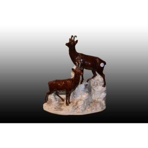 Porcelain Sculpture Depicting French Alpine Ibexes From The Early 1900s