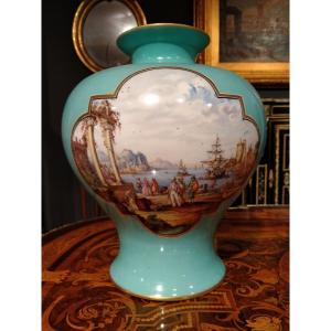 Large Celestial Blue Porcelain Vase, Dresden Manufacture, 1800, Painted Marine Scene