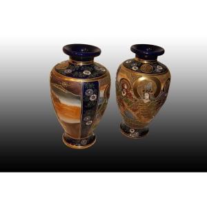 Pair Of Satsuma Vases With Characters And Decorations From The 1800s