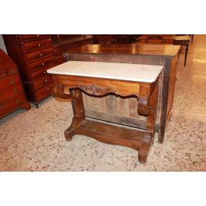 French Louis Philippe-style Walnut Console With Marble Top, A Drawer, And Carved Motifs
