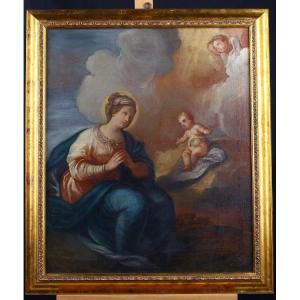 Huile Sur Toile Italienne De 1700 Représentant Adoration Vierge Avec Jésus