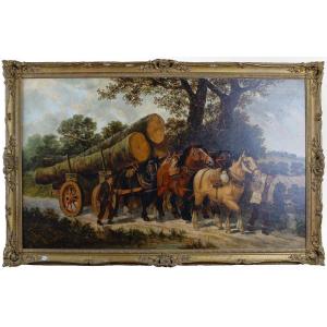 Large Oil On Canvas Depicting A Chariot Pulled By Horses. Contemporary Setting