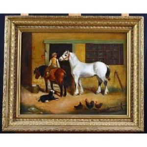 Oil On English Canvas From The Second Half Of The 1800s, Depicting A Child On Horseback