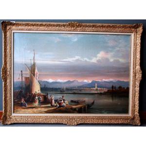 Huile Sur Toile Italienne Scène Marine Attribuée à Marianna Pascoli Peintre Femme Du 1800