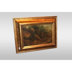 Beautiful Small French Oil On Canvas From The 18th Century Depicting A Forest Path With Charact