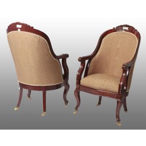 Pair Of Upholstered Armchairs With Sculpture On The Back With Saber Legs Ending In A Loop