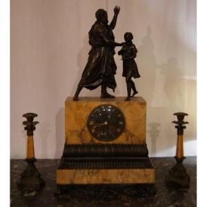 Triptych Clock In Siena Yellow Marble With Bronze Sculptures And French Marble And Bronze 