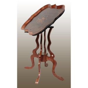Sail-shaped Small Table With Tray Top In Ebony, Rosewood, And Polychrome Floral Inlays