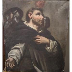 Huile Sur Toile Italienne De 1600 Représentant San Vincenzo  Et La Flamme Du Saint Esprit