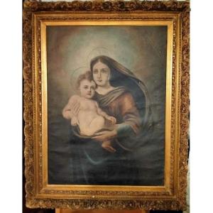 Huile Sur Toile Représentant La Vierge à l'Enfant Italienne Napolitaine Du XIXe Siècle