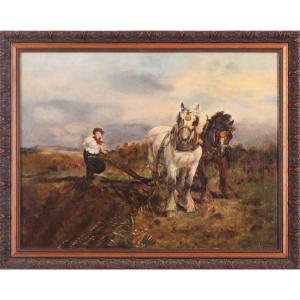 Oil On Canvas Depicting A Pair Of Horses With A Plow And A Peasant Woman